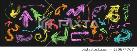 Hand drawn colored rough and thick arrows different shapes, brush stroke graffiti pointer design elements 120674767