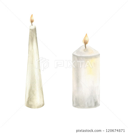 Watercolor candle set with two different shapes wax objects with flame illustration. Hand drawn isolated church and religion elements. Christmas, Easter and birthday symbols. Card, invitation design Watercolor candle set with two different shapes wax objects with flame illustration. Hand drawn isolated church and religion elements. Christmas, Easter and birthday symbols. Card, invitation design 120674871