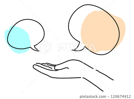 Simple line drawing of hands and speech bubbles for conversation image 120674912