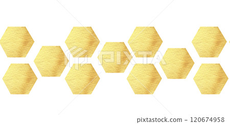 Yellow honeycombs seamless banner. Watercolor golden hexagons icons, organic farm food border for product packing, medicine, cosmetics box, fabric, stationery design. Yellow honeycombs seamless banner. Watercolor golden hexagons icons, organic farm food border for product packing, medicine, cosmetics box, fabric, stationery design. 120674958