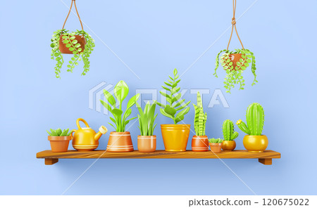 3d wooden shelf with house plants in hanging and flower pots and yellow watering can on blue wall background. Living room, kitchen or office interior, home furniture with green garden. 3D illustration 120675022