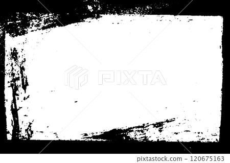 Vector retro photo frame with black border and rough torn edges on worn paper background. Grunge overlay effect with subtle paint pattern for album cover or music record template 120675163