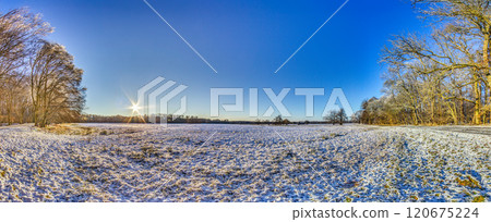 Snow-covered meadow with the sun rising, surrounded by trees, capturing a peaceful winter morning Snow-covered meadow with the sun rising, surrounded by trees, capturing a peaceful winter morning 120675224