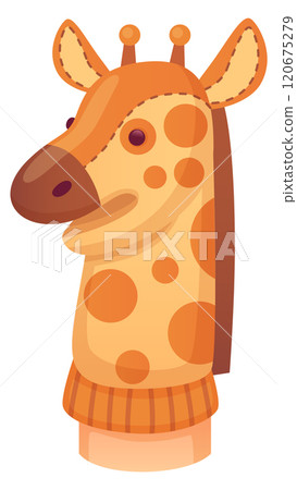 Giraffe puppet cartoon toy. Textile doll on hand Giraffe puppet cartoon toy. Textile doll on hand 120675279