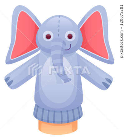Elephant sock doll. Hand with cartoon animal puppet 120675281
