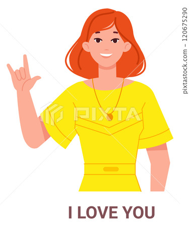 Deaf woman say i love you with sign language gesture 120675290
