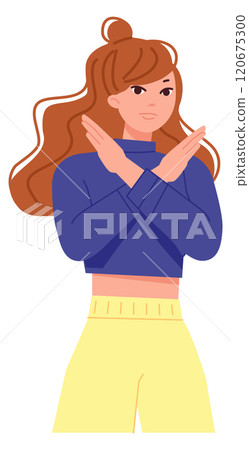 Stop gesture. Woman refuse. Decline hand sign Stop gesture. Woman refuse. Decline hand sign 120675300