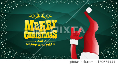 Merry christmas horizontal banner with Santa Claus rock n roll style and santa red hat isolated on green background with stars. Merry Christmas hipster Rock n roll party poster, flyer design template. Merry christmas horizontal banner with Santa Claus rock n roll style and santa red hat isolated on green background with stars. Merry Christmas hipster Rock n roll party poster, flyer design template. 120675354