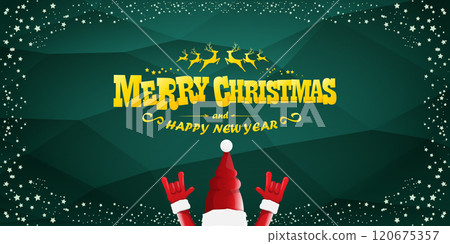 Merry christmas horizontal banner with Santa Claus rock n roll style and santa red hat isolated on green background with stars. Merry Christmas hipster Rock n roll party poster, flyer design template. Merry christmas horizontal banner with Santa Claus rock n roll style and santa red hat isolated on green background with stars. Merry Christmas hipster Rock n roll party poster, flyer design template. 120675357