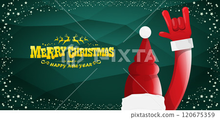 Merry christmas horizontal banner with Santa Claus rock n roll style and santa red hat isolated on green background with stars. Merry Christmas hipster Rock n roll party poster, flyer design template. Merry christmas horizontal banner with Santa Claus rock n roll style and santa red hat isolated on green background with stars. Merry Christmas hipster Rock n roll party poster, flyer design template. 120675359