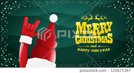 Merry christmas horizontal banner with Santa Claus rock n roll style and santa red hat isolated on green background with stars. Merry Christmas hipster Rock n roll party poster, flyer design template. 120675367