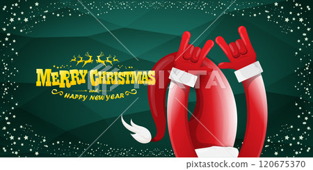 Merry christmas horizontal banner with Santa Claus rock n roll style and santa red hat isolated on green background with stars. Merry Christmas hipster Rock n roll party poster, flyer design template. Merry christmas horizontal banner with Santa Claus rock n roll style and santa red hat isolated on green background with stars. Merry Christmas hipster Rock n roll party poster, flyer design template. 120675370