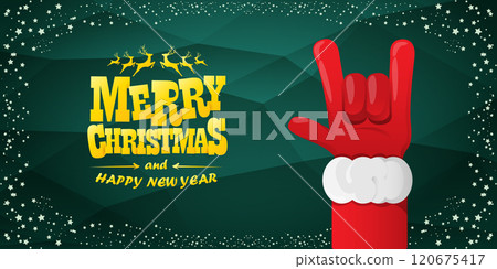 Merry christmas horizontal banner with Santa Claus rock n roll style and santa red hat isolated on green background with stars. Merry Christmas hipster Rock n roll party poster, flyer design template. 120675417