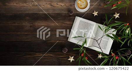 Holiday reading setup with coffee and greenery, rustic table, 3D render. 120675422