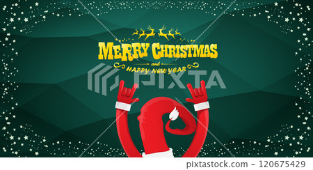 Merry christmas horizontal banner with Santa Claus rock n roll style and santa red hat isolated on green background with stars. Merry Christmas hipster Rock n roll party poster, flyer design template. 120675429