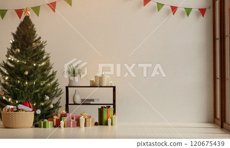 Contemporary Christmas decor with tree and presents, 3D render. 120675439