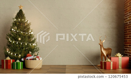 Elegant Christmas room with tree and gifts, minimalist style, 3D render. 120675453