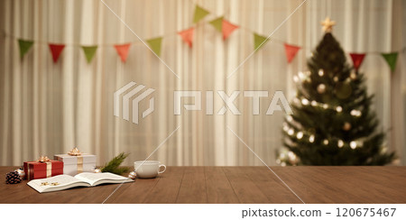 Cozy Christmas morning with gifts and coffee, serene 3D render. Cozy Christmas morning with gifts and coffee, serene 3D render. 120675467