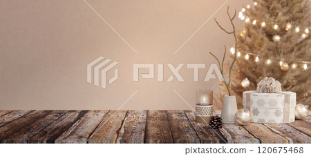 Cozy tabletop decor with candles and Christmas tree, serene 3D render. Cozy tabletop decor with candles and Christmas tree, serene 3D render. 120675468