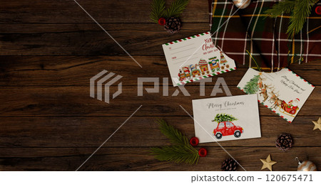 Festive card collection on rustic table with plaid decor, 3D render. Festive card collection on rustic table with plaid decor, 3D render. 120675471