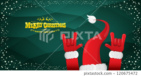Merry christmas horizontal banner with Santa Claus rock n roll style and santa red hat isolated on green background with stars. Merry Christmas hipster Rock n roll party poster, flyer design template. Merry christmas horizontal banner with Santa Claus rock n roll style and santa red hat isolated on green background with stars. Merry Christmas hipster Rock n roll party poster, flyer design template. 120675472