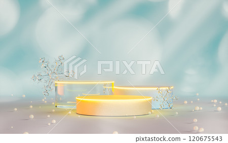 Christmas podium backdrop with Christmas ornaments and bokeh light. 3d rendering background 120675543