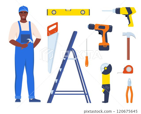 Repairman or mechanic and collection of tools. Black man character in uniform with set of professional instruments. Vector illustration. 120675645