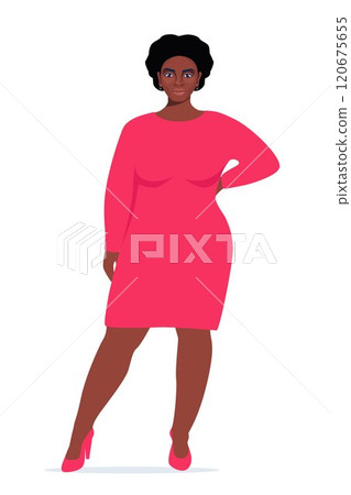 Body positive black woman. Plus size female character. Attractive curvy, overweight girl. Oversize obesity, pretty large lady in beautiful fashionable clothes. Vector illustration. 120675655