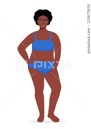 Body positive black woman in underwear. Plus size female character. Attractive curvy, overweight girl. Oversize obesity, pretty large lady in beautiful fashionable clothes. Vector illustration. 120675656