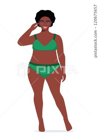 Body positive black woman in underwear. Plus size female character. Attractive curvy, overweight girl. Oversize obesity, pretty large lady in beautiful fashionable clothes. Vector illustration. 120675657
