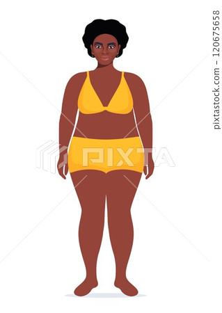 Body positive black woman in underwear. Plus size female character. Attractive curvy, overweight girl. Oversize obesity, pretty large lady in beautiful fashionable clothes. Vector illustration. Body positive black woman in underwear. Plus size female character. Attractive curvy, overweight girl. Oversize obesity, pretty large lady in beautiful fashionable clothes. Vector illustration. 120675658