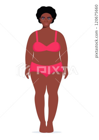 Body positive black woman in underwear. Plus size female character. Attractive curvy, overweight girl. Oversize obesity, pretty large lady in beautiful fashionable clothes. Vector illustration. Body positive black woman in underwear. Plus size female character. Attractive curvy, overweight girl. Oversize obesity, pretty large lady in beautiful fashionable clothes. Vector illustration. 120675660