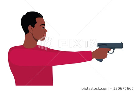 Sport shooting. Aiming Black man with pistol. Male Character In Ear Protection, Aiming A Pistol. Military skills. Vector illustration. Sport shooting. Aiming Black man with pistol. Male Character In Ear Protection, Aiming A Pistol. Military skills. Vector illustration. 120675665