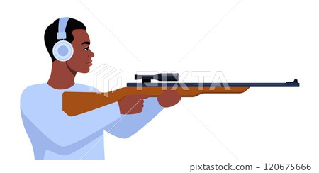 Sport shooting. Aiming Black man with rifle. Male Character In Ear Protection, Aiming A Rifle. Military skills. Vector illustration. Sport shooting. Aiming Black man with rifle. Male Character In Ear Protection, Aiming A Rifle. Military skills. Vector illustration. 120675666