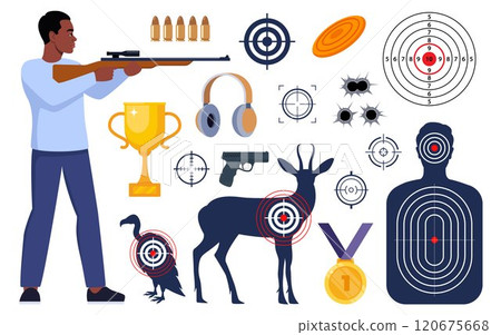 Shooting and hunting equipment elements. Shooting Skeet. Shooting club and range weapons and accessories. Shooter, rifle, bullet, headphones, gold cup, medal. Human, animal shoot target. Vector. Shooting and hunting equipment elements. Shooting Skeet. Shooting club and range weapons and accessories. Shooter, rifle, bullet, headphones, gold cup, medal. Human, animal shoot target. Vector. 120675668
