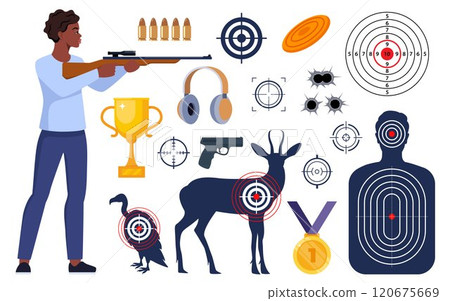 Shooting and hunting equipment elements. Shooting Skeet. Shooting club and range weapons and accessories. Shooter, rifle, bullet, headphones, gold cup, medal. Human, animal shoot target. Vector. 120675669