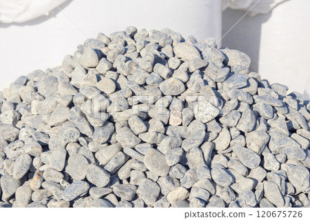 Labradorite decorative stones are sold in construction market. Materials pebbles. Natural stone material for decoration and construction. 120675726