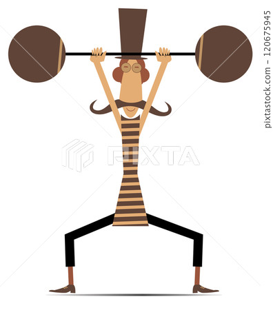 Strong long mustache weightlifter in the top hat. Man in the top hat dressed in striped athletic tights raises the heavy weight. Isolated on white background 120675945