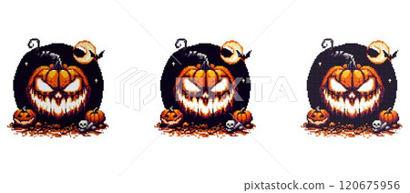 A menacing jack-o'-lantern with glowing eyes and mouth surrounded by smaller pumpkins a skull and a crescent moon under night sky 120675956