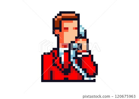 A pixel art image of a person in a red suit holding a phone to the ear with a white background 120675963