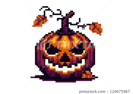 A pixel art jack-o'-lantern with a sinister grin glowing eyes autumn leaves and a twisted stem creating an eerie Halloween vibe A pixel art jack-o'-lantern with a sinister grin glowing eyes autumn leaves and a twisted stem creating an eerie Halloween vibe 120675967