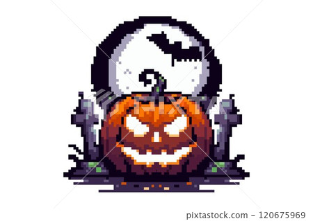 A glowing jack-o'-lantern with a sinister grin sits in front of a full moon with a bat flying across it and gravestones nearby A glowing jack-o'-lantern with a sinister grin sits in front of a full moon with a bat flying across it and gravestones nearby 120675969