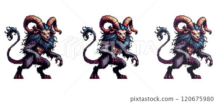 The image shows a pixel art creature with ram horns red eyes a skeletal face a dark furry body and clawed limbs. 120675980