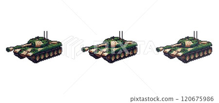 This image shows a pixel art tank with a green and beige camouflage pattern and two antennas on top in a retro video game style. 120675986