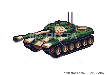 This image shows a pixel art tank with a green and beige camouflage pattern and two antennas on top in a retro video game style. 120675987