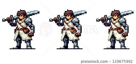 The pixel warrior stands confidently holding a large sword, wearing armor and a white tunic with a brown belt and bag. The pixel warrior stands confidently holding a large sword, wearing armor and a white tunic with a brown belt and bag. 120675992