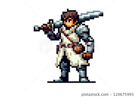 The pixel warrior stands confidently holding a large sword, wearing armor and a white tunic with a brown belt and bag. 120675993