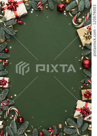 Christmas Frame with Green Background and Ornaments 120676003