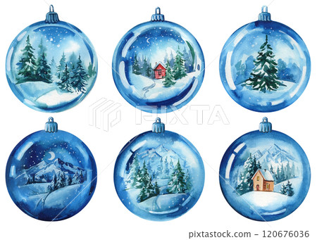 Blue baubles set. Christmas ornament set decoration isolated. Happy New watercolor. Winter landscape in glass Snowball 120676036