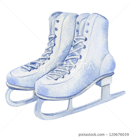 Winter white skates on an isolated background, watercolor holiday illustration for decor, design, greeting card, clipart 120676039